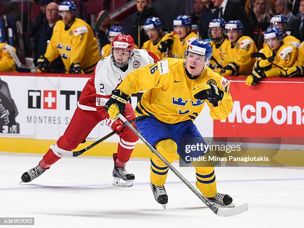 Carl Grundstrom of Team Sweden skates during the IIHF World Junior Championship preliminary round game against Team Denmark at the Bell Centre on...