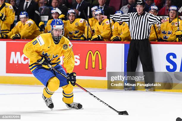 Rasmus Dahlin of Team Sweden skates the puck during the IIHF World Junior Championship preliminary round game against Team Denmark at the Bell Centre...