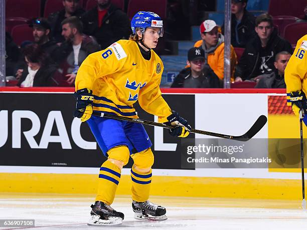 Kristoffer Gunnarsson of Team Sweden skates during the IIHF World Junior Championship preliminary round game against Team Denmark at the Bell Centre...