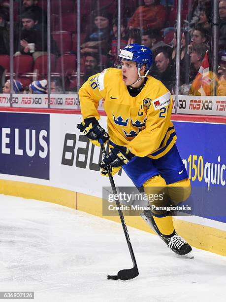 Joel Eriksson Ek of Team Sweden skates the puck during the IIHF World Junior Championship preliminary round game against Team Denmark at the Bell...