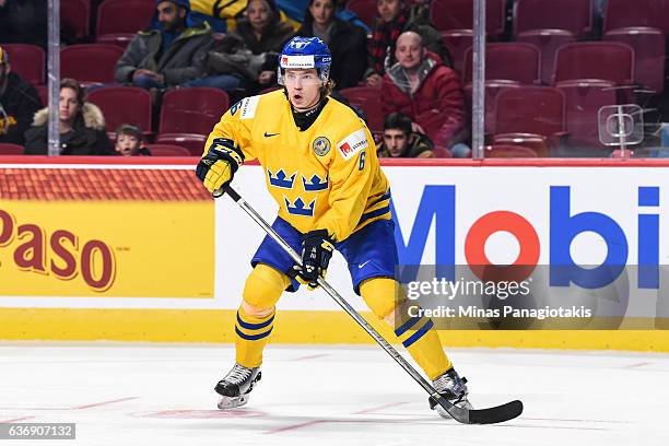 Kristoffer Gunnarsson of Team Sweden looks on during the IIHF World Junior Championship preliminary round game against Team Denmark at the Bell...