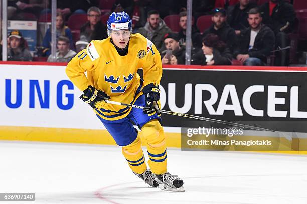 Filip Ahl of Team Sweden skates during the IIHF World Junior Championship preliminary round game against Team Denmark at the Bell Centre on December...