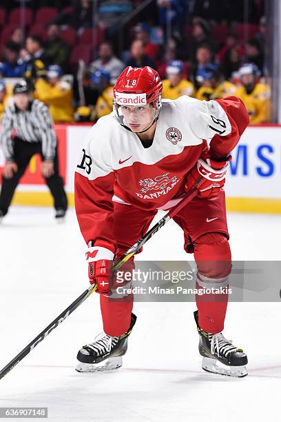 William Boysen of Team Denmark looks on during the IIHF World Junior Championship preliminary round game against Team Sweden at the Bell Centre on...