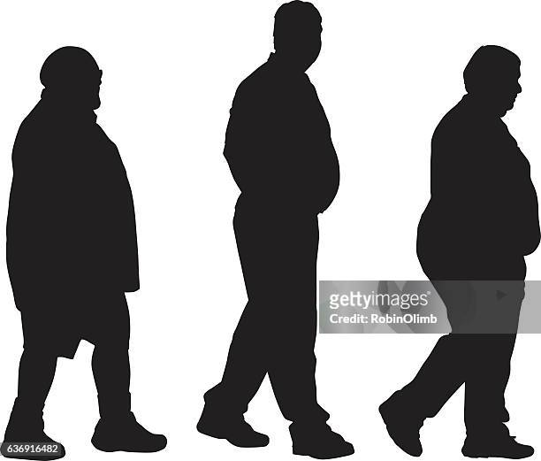three overweight men walking - middle age man stock illustrations
