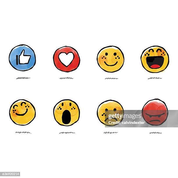 hand drawn watercolor basic emojis - water color face stock illustrations