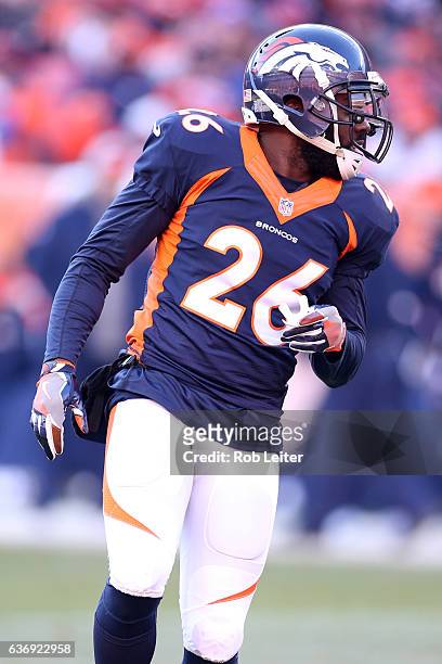 Darian Stewart of the Denver Broncos looks on during the game against the New England Patriots at Sports Authority Field At Mile High on December 18,...