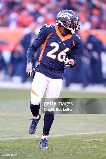 Darian Stewart of the Denver Broncos looks on during the game against the New England Patriots at Sports Authority Field At Mile High on December 18,...