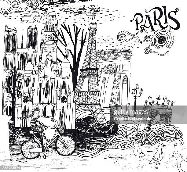 ilustraciones, imágenes clip art, dibujos animados e iconos de stock de parís en francia ilustración - arco del triunfo parís
