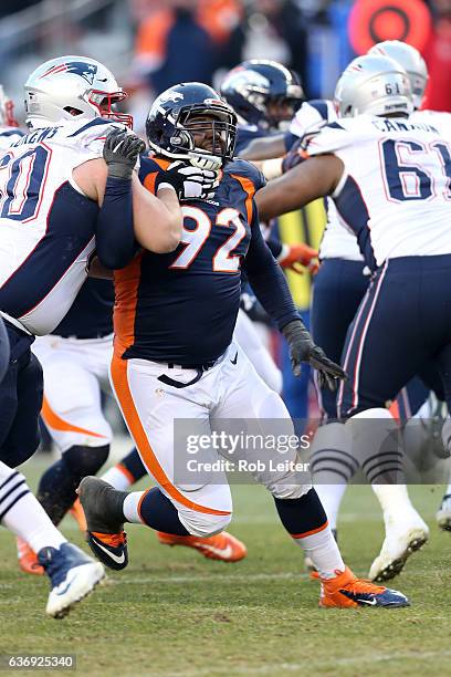 Sylvester Williams of the Denver Broncos in action during the game against the New England Patriots at Sports Authority Field At Mile High on...