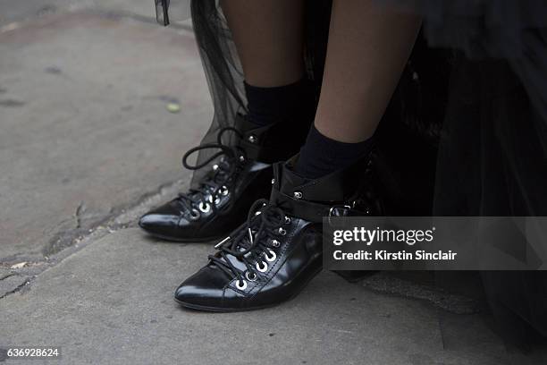 Fashion buyer and owner of the Satine Boutique Jeannie Lee wears Balenciaga shoes on day 2 of London Womens Fashion Week Spring/Summer 2016, on...