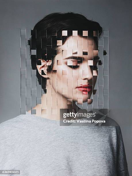 female portrait with collaged face parts - pixelated face stock-fotos und bilder