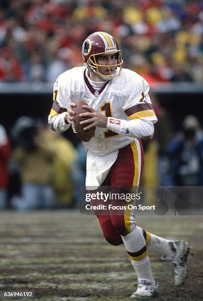 Mark Rypien of the Washington Redskins drops back to pass against the San Francisco 49ers during the NFC Divisional Playoffs January 9, 1993 at...