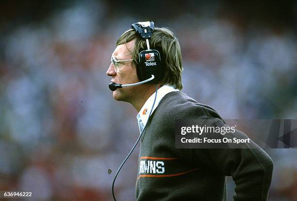 Head Coach Marty Schottenheimer of the Cleveland Browns looks on from the sidelines during an NFL football game circa 1987 at Cleveland Municipal...