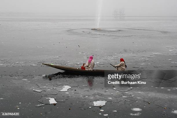 frozen dal lake, srinagar - burhaan kinu stockfoto's en -beelden