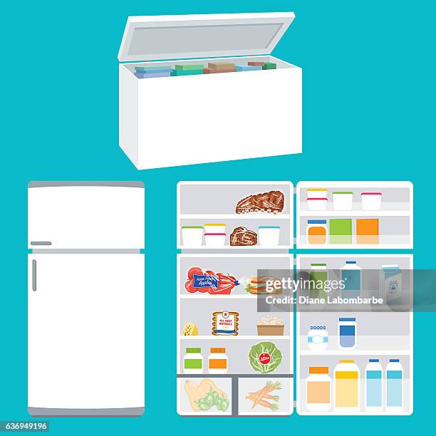 kühlschrank und gefrierschrank gefüllt mit lebensmitteln - frozen meat stock-grafiken, -clipart, -cartoons und -symbole