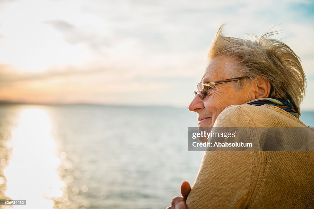 Portrait of Happy Senior Caucasian Woman on Ferry, Croatia, Europe