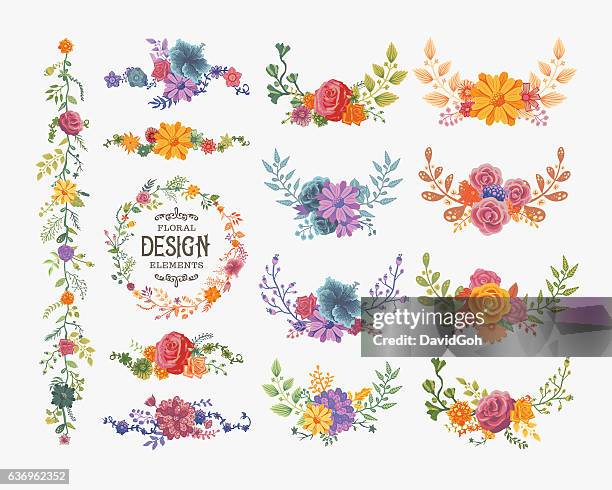 stockillustraties, clipart, cartoons en iconen met floral wreaths and bouquets - schikte bloemen