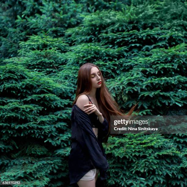 female standing near the wall of fir tree branches, surreal - entkleiden stock-fotos und bilder