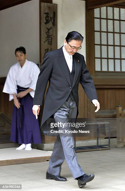 Japan - Keiji Furuya, state minister in charge of the issue of North Korea's abductions of Japanese nationals, leaves the Yasukuni Shrine in Tokyo...