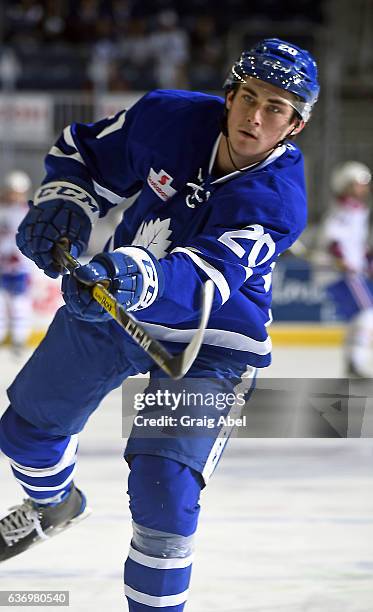 Mason Marchment of the Toronto Marlies skates in warmup prior to a game against the St. John's IceCaps on December 26, 2016 at Ricoh Coliseum in...