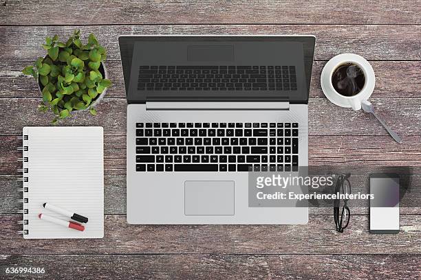 knolling work table view with a laptop - looking down at desk stock pictures, royalty-free photos & images
