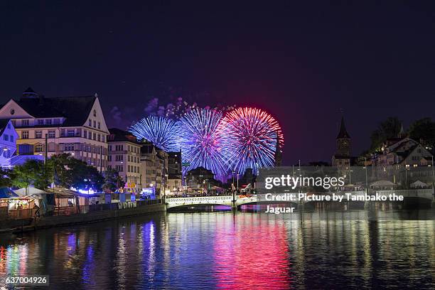 fireworks over the limmat - limmat river stock pictures, royalty-free photos & images