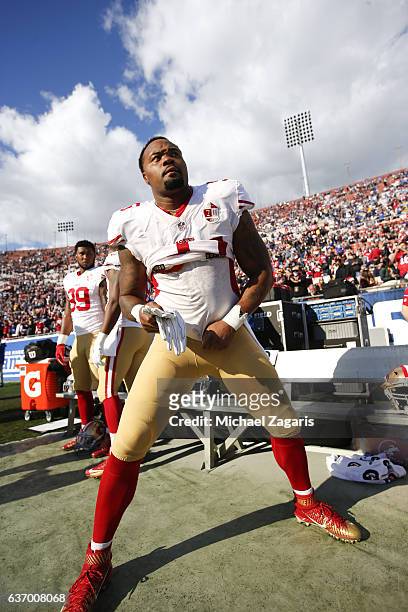 Ahmad Brooks of the San Francisco 49ers stands on the sideline during the game against the Los Angeles Rams at the Los Angeles Coliseum on December...