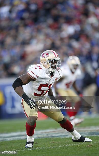 Gerald Hodges of the San Francisco 49ers defends during the game against the Los Angeles Rams at the Los Angeles Coliseum on December 24, 2016 in Los...