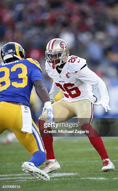 Tramaine Brock of the San Francisco 49ers defends during the game against the Los Angeles Rams at the Los Angeles Coliseum on December 24, 2016 in...
