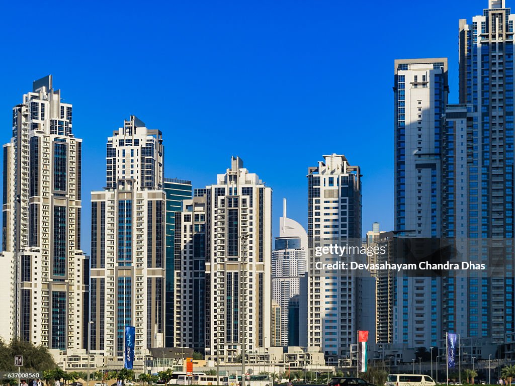 Dubai, UAE: Skyline in Bright Afternoon Sunlight from Metro Station.