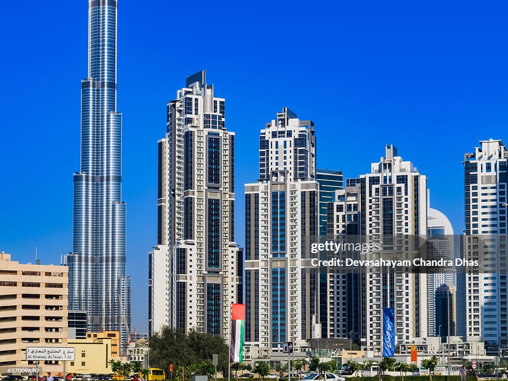 Dubai, UAE: Skyline in Bright Afternoon Sunlight from Metro Station.