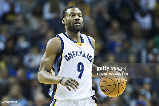 Tony Allen of the Memphis Grizzlies dribbles down the court against the Golden State Warriors at the FedExForum on December 10, 2016 in Memphis,...