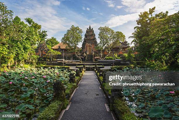 lotus pond and pura saraswati temple in ubud, bali, indonesia. - bali fotografías e imágenes de stock