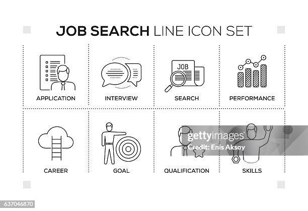 ilustraciones, imágenes clip art, dibujos animados e iconos de stock de palabras clave de búsqueda de empleo con iconos de línea monocroma - job search
