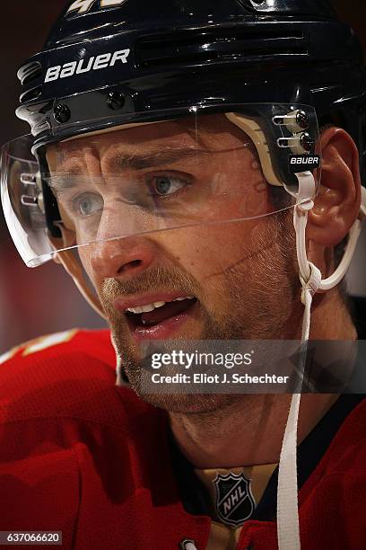 Jakub Kindl of the Florida Panthers stretches on the ice during warms ups prior to the start of the game against the Toronto Maple Leafs at the BB&T...