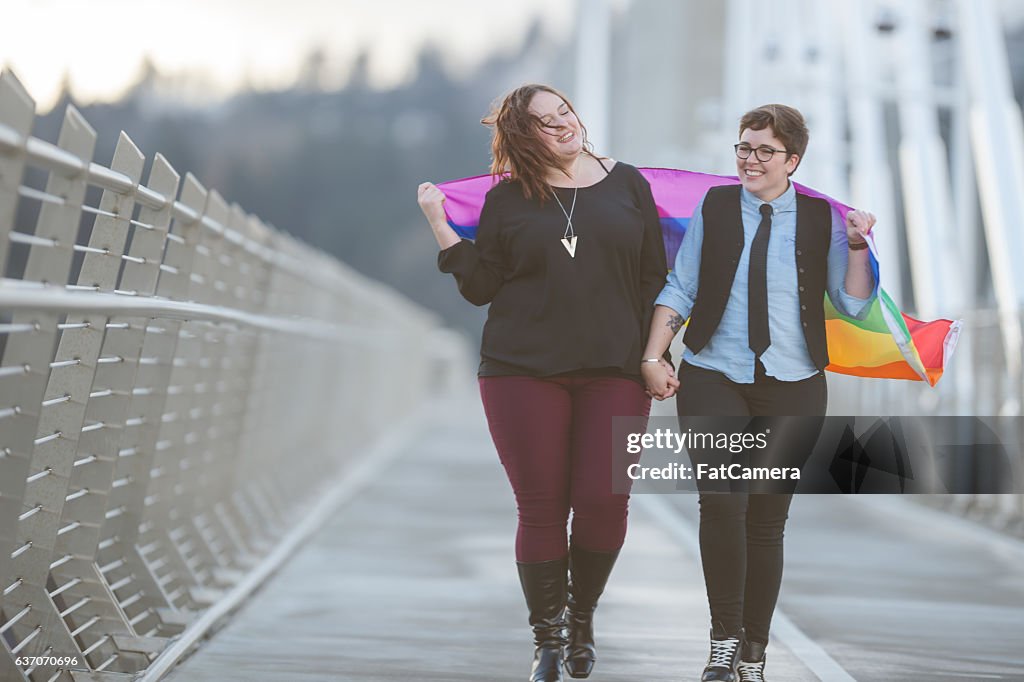 A young adult female couple is out on a walk together