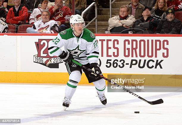 Jiri Hudler of the Dallas Stars skates the puck up ice against the Arizona Coyotes at Gila River Arena on December 27, 2016 in Glendale, Arizona.