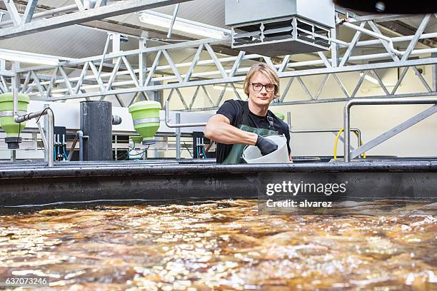 man working in fish farm - storage tank stock pictures, royalty-free photos & images
