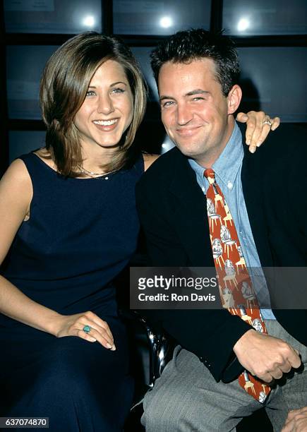 American actress Jennifer Aniston and Canadian-American actor Matthew Perry of the television comedy, Friend's, attend the 1995 NBC Fall Preview...