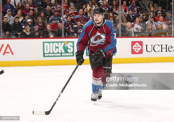 John Mitchell of the Colorado Avalanche skates against the Calgary Flames at the Pepsi Center on December 27, 2016 in Denver, Colorado. The Flames...