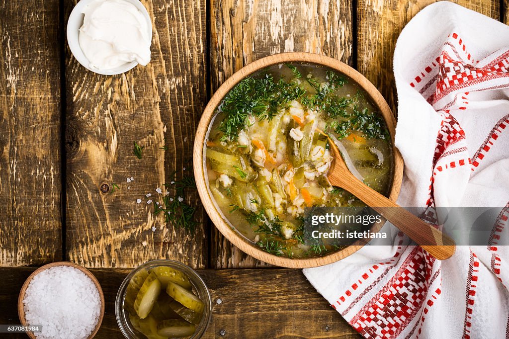 Soup with sour pickles and barley. Ukrainian cuisine