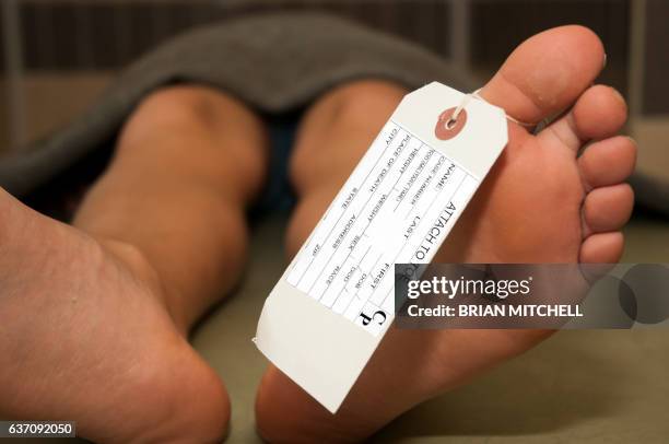 toe tag tied to a corpse in a mortuary - leichenbestatter stock-fotos und bilder