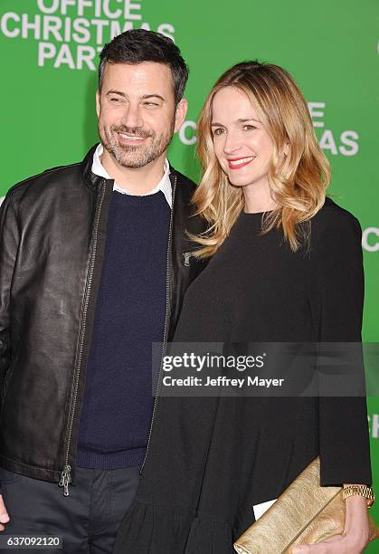 Personality Jimmy Kimmel and screenwriter Molly McNearney arrive at the Premiere Of Paramount Pictures' 'Office Christmas Party' at Regency Village...