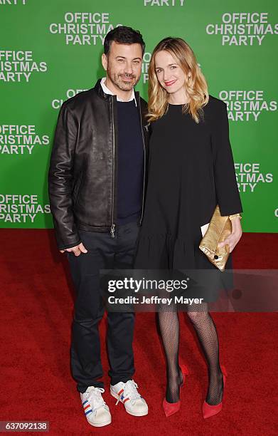 Personality Jimmy Kimmel and screenwriter Molly McNearney arrive at the Premiere Of Paramount Pictures' 'Office Christmas Party' at Regency Village...