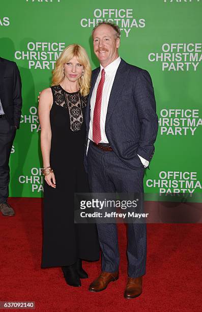 Actor Matt Walsh and wife Morgan Walsh arrive at the Premiere Of Paramount Pictures' 'Office Christmas Party' at Regency Village Theatre on December...