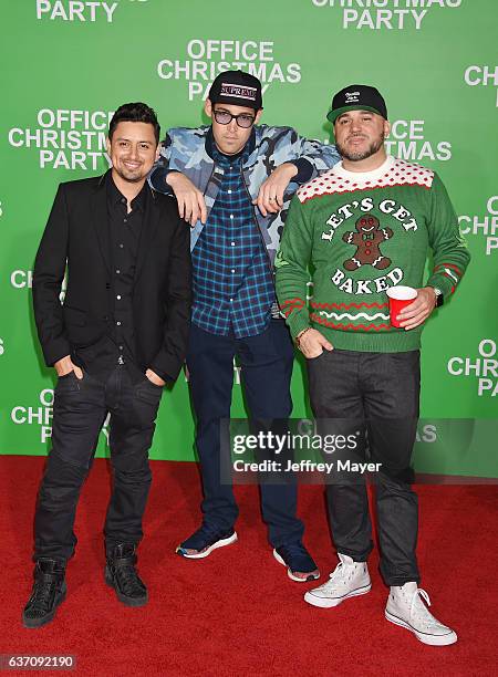 Louie Rubio, Lex Larson, and DJ Felli Fel of The Americanos arrive at the Premiere Of Paramount Pictures' 'Office Christmas Party' at Regency Village...