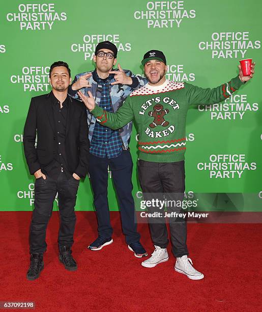 Louie Rubio, Lex Larson, and DJ Felli Fel of The Americanos arrive at the Premiere Of Paramount Pictures' 'Office Christmas Party' at Regency Village...