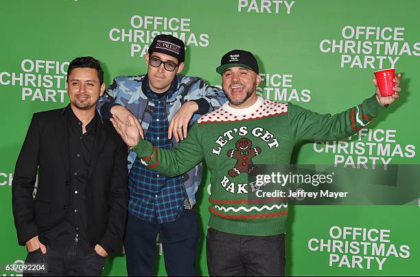 Louie Rubio, Lex Larson, and DJ Felli Fel of The Americanos arrive at the Premiere Of Paramount Pictures' 'Office Christmas Party' at Regency Village...