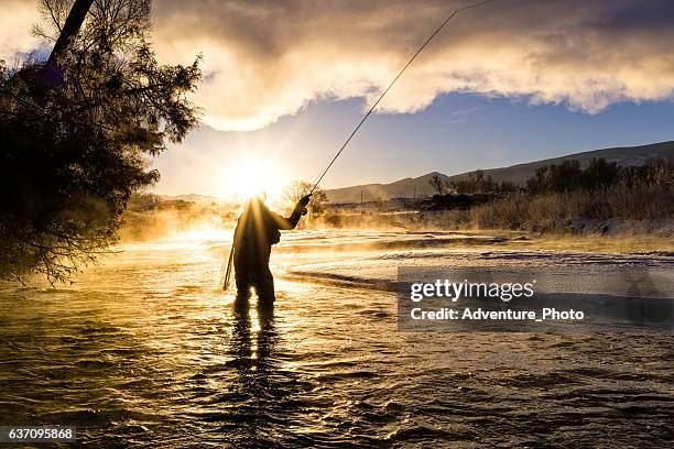 pesca a mosca in inverno all'alba - fiume eagle wisconsin foto e immagini stock