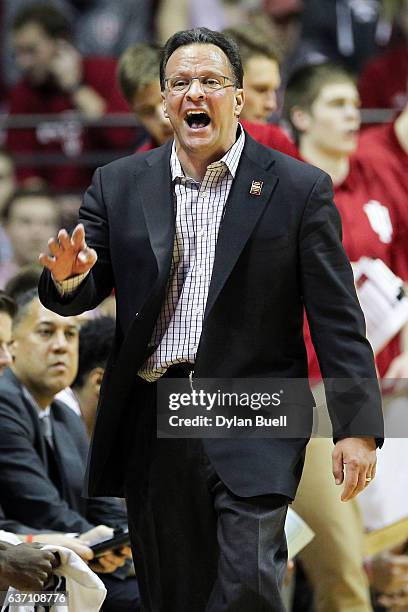 Head coach Tom Crean of the Indiana Hoosiers reacts in the second half against the Nebraska Cornhuskers at Assembly Hall on December 28, 2016 in...